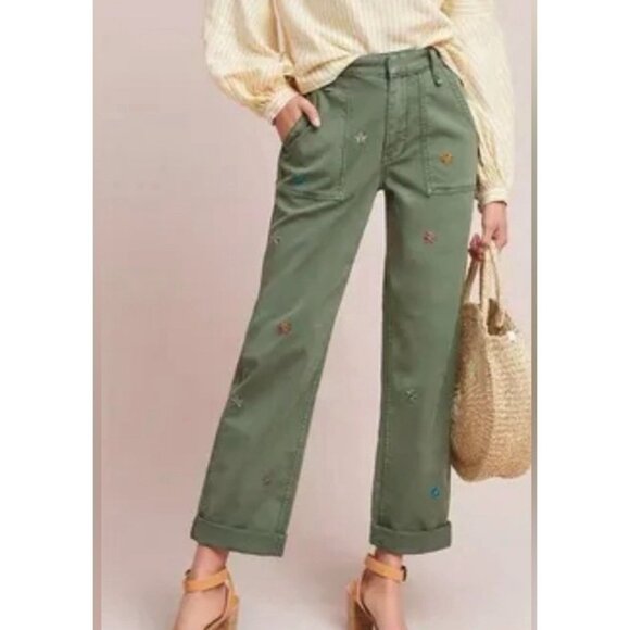 Anthropologie Embroidered Flowers Boyfriend Utility Pants Size 27 - Picture 2 of 10